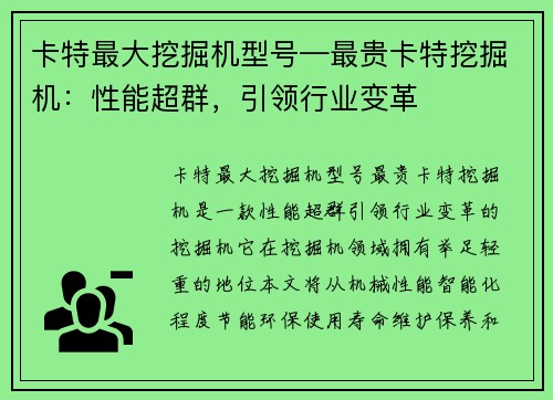 卡特最大挖掘机型号—最贵卡特挖掘机：性能超群，引领行业变革